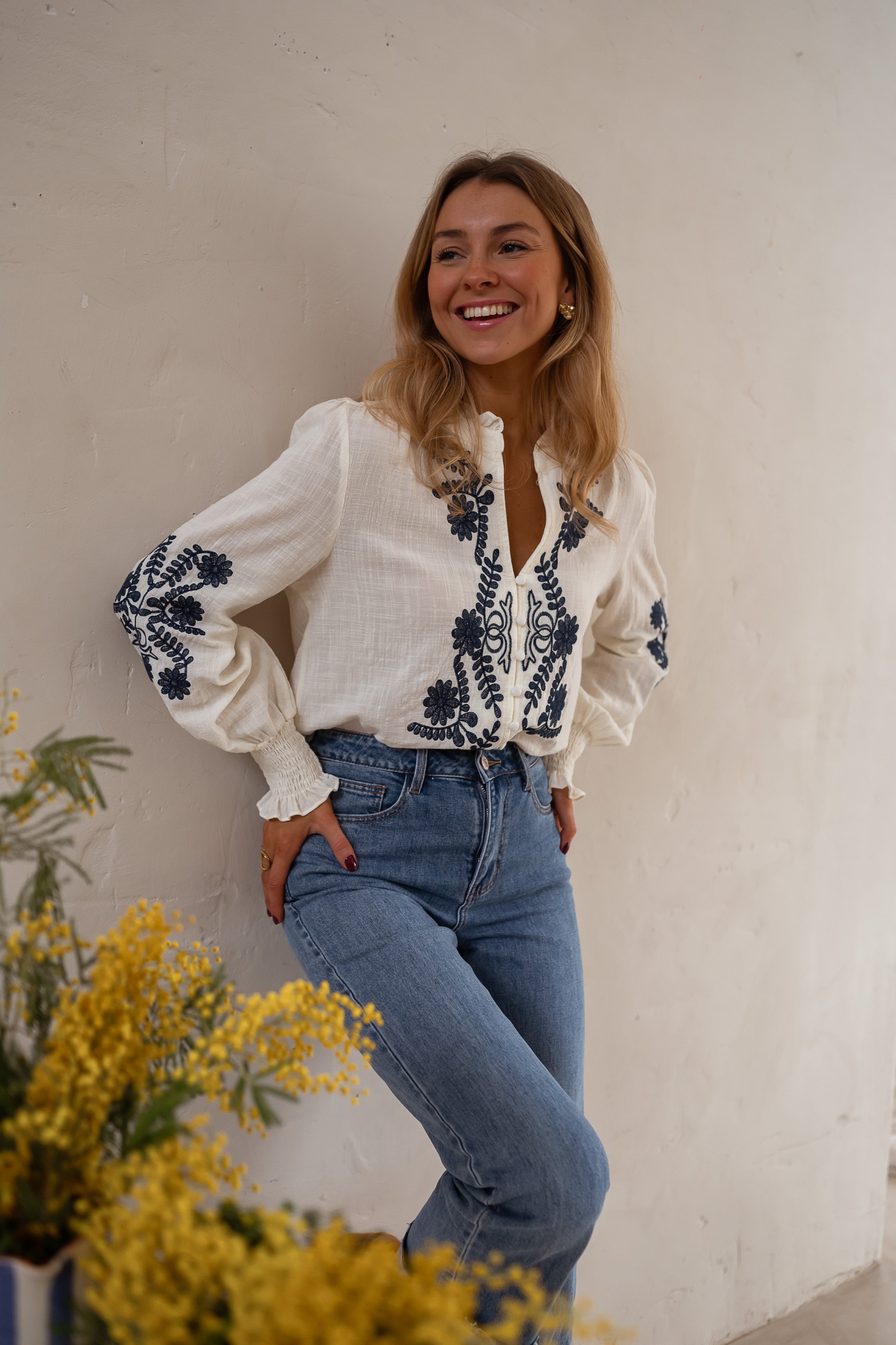 Ecru and Blue Embroidered Salome Blouse