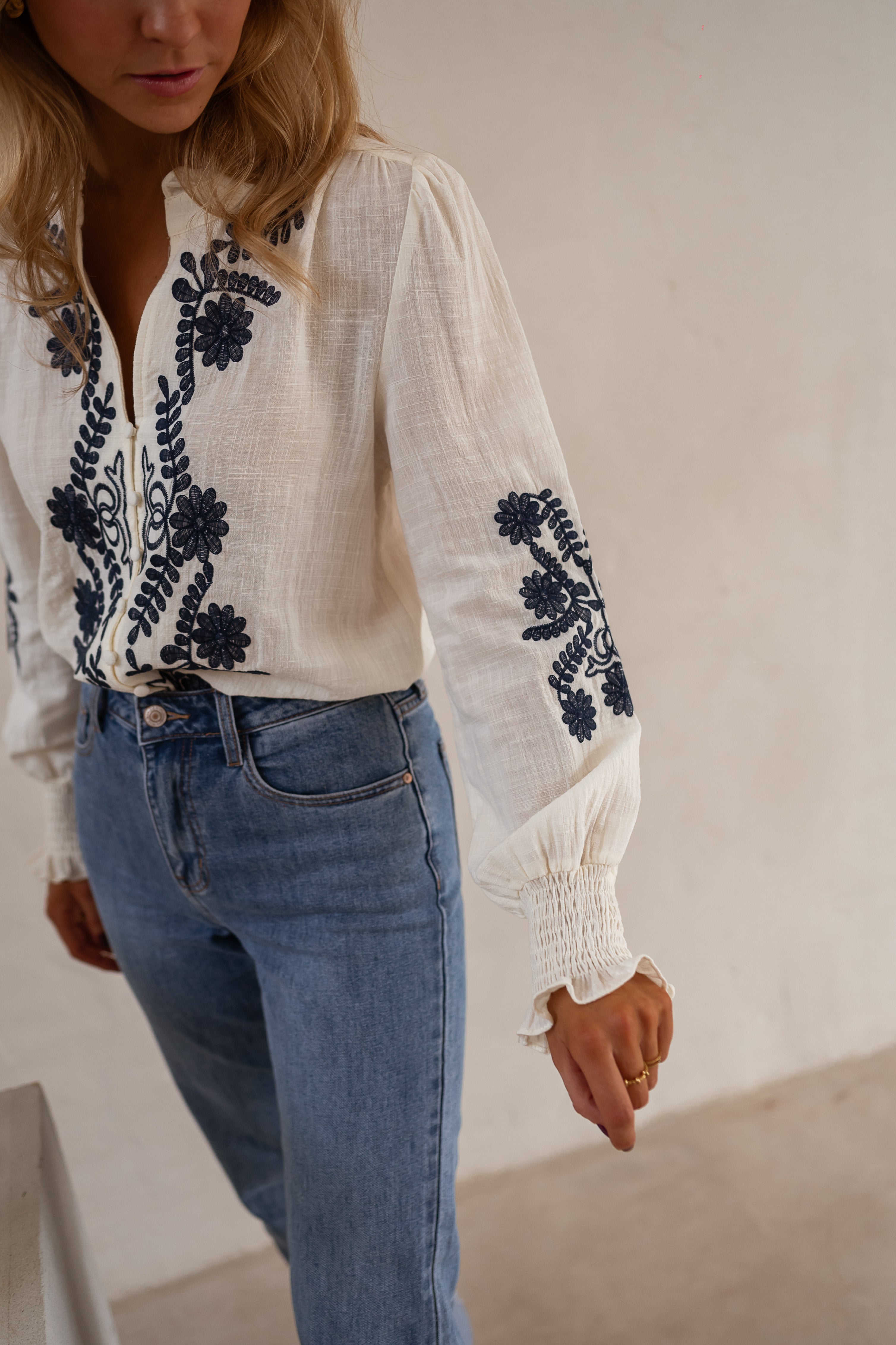 Ecru and Blue Embroidered Salome Blouse