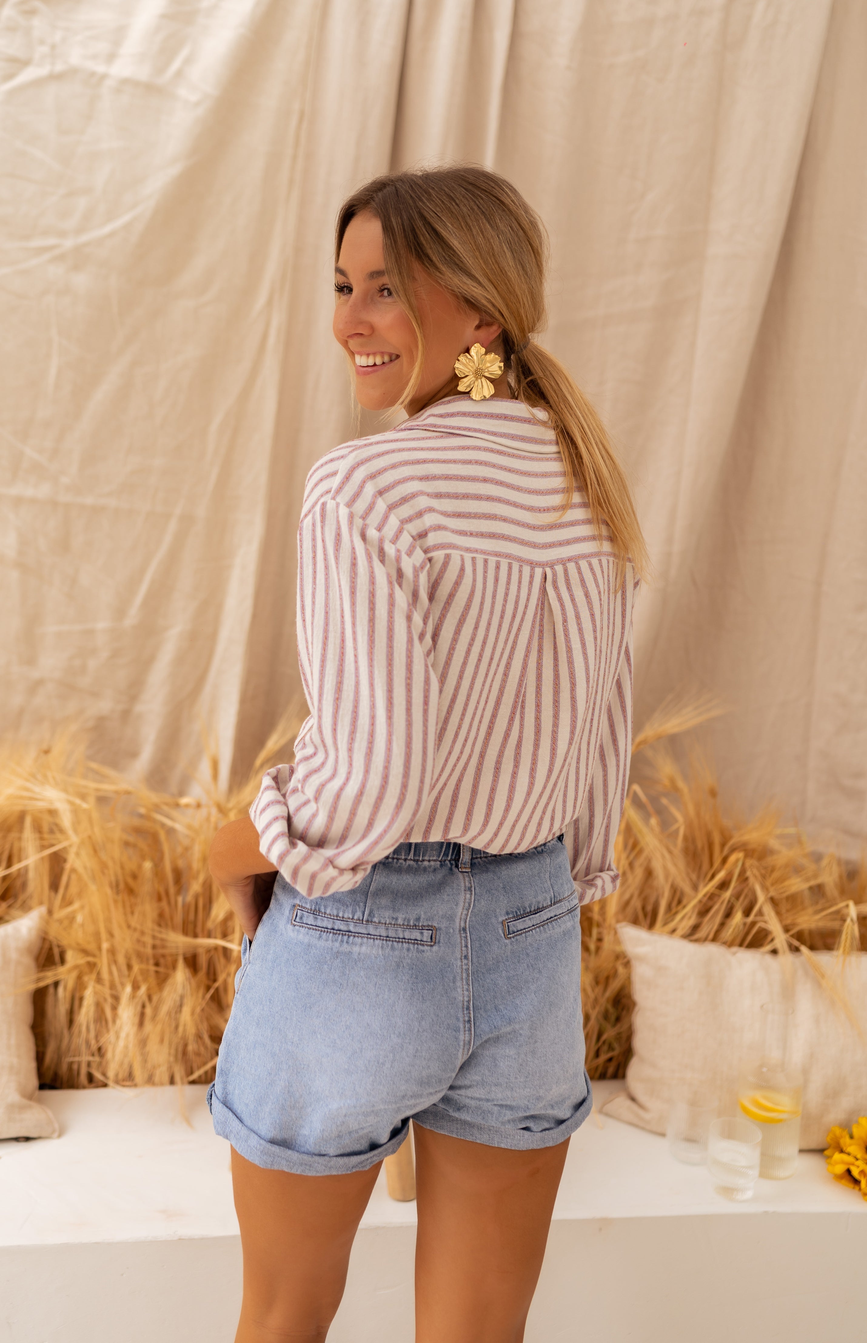 Beige and Pink Striped Linen-Effect Bertha Shirt