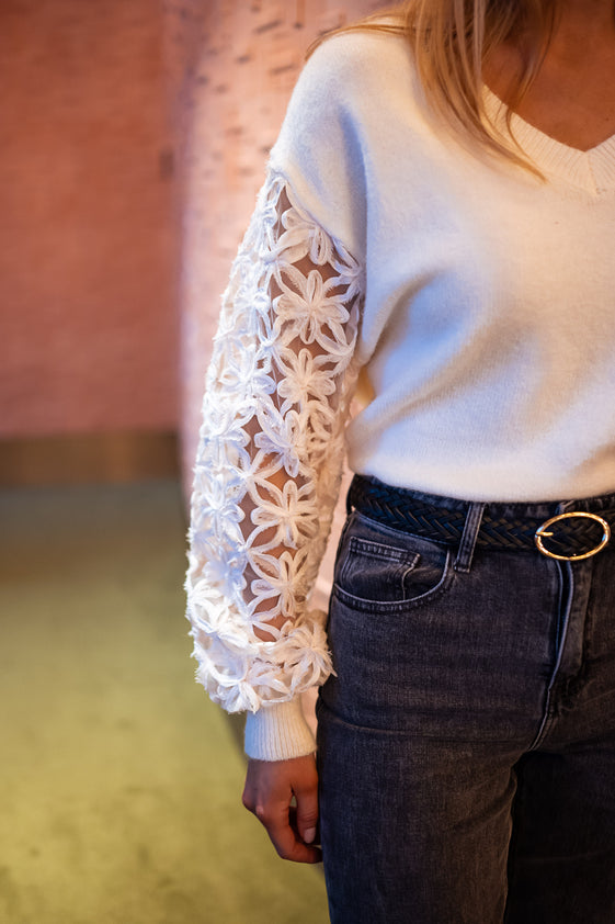 Ecru Amel Sweater With Embroidered Sleeves