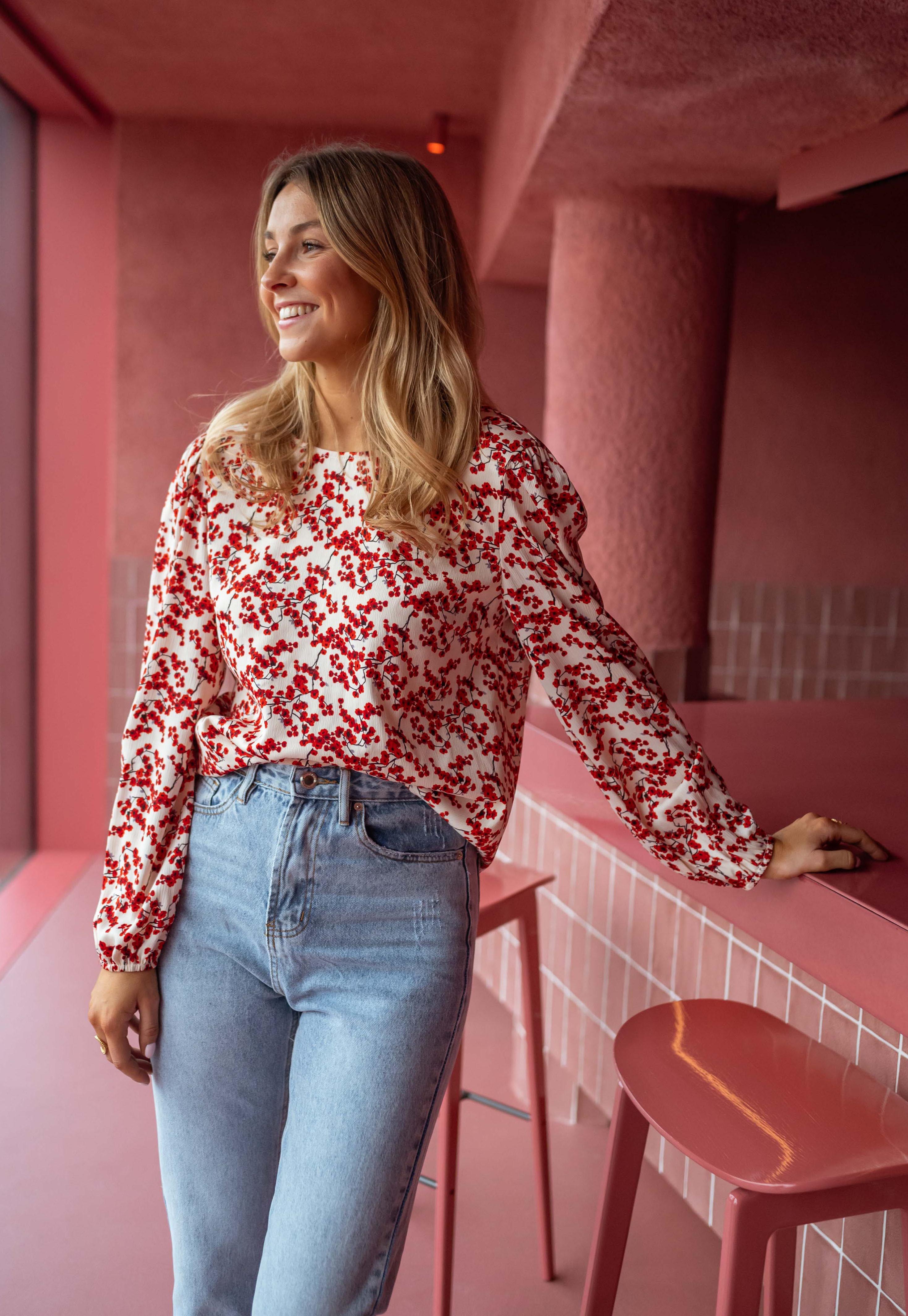 Ecru and Red Floral Alfred Blouse