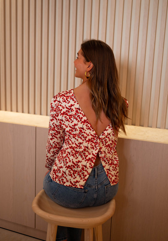 Ecru and Red Floral Alfred Blouse