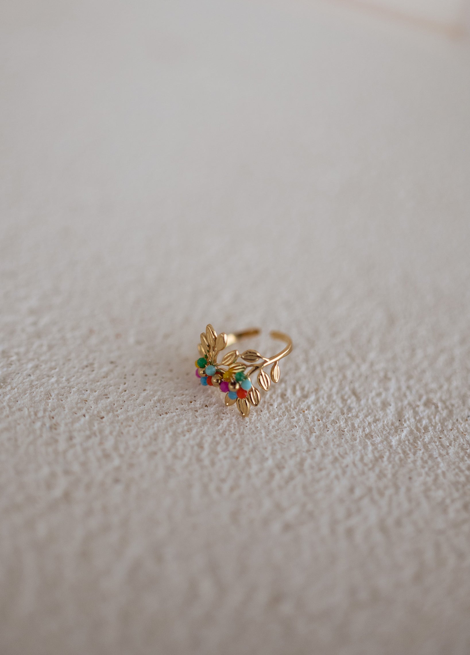 Golden Leaf Ring with Multi-Colored Pearls