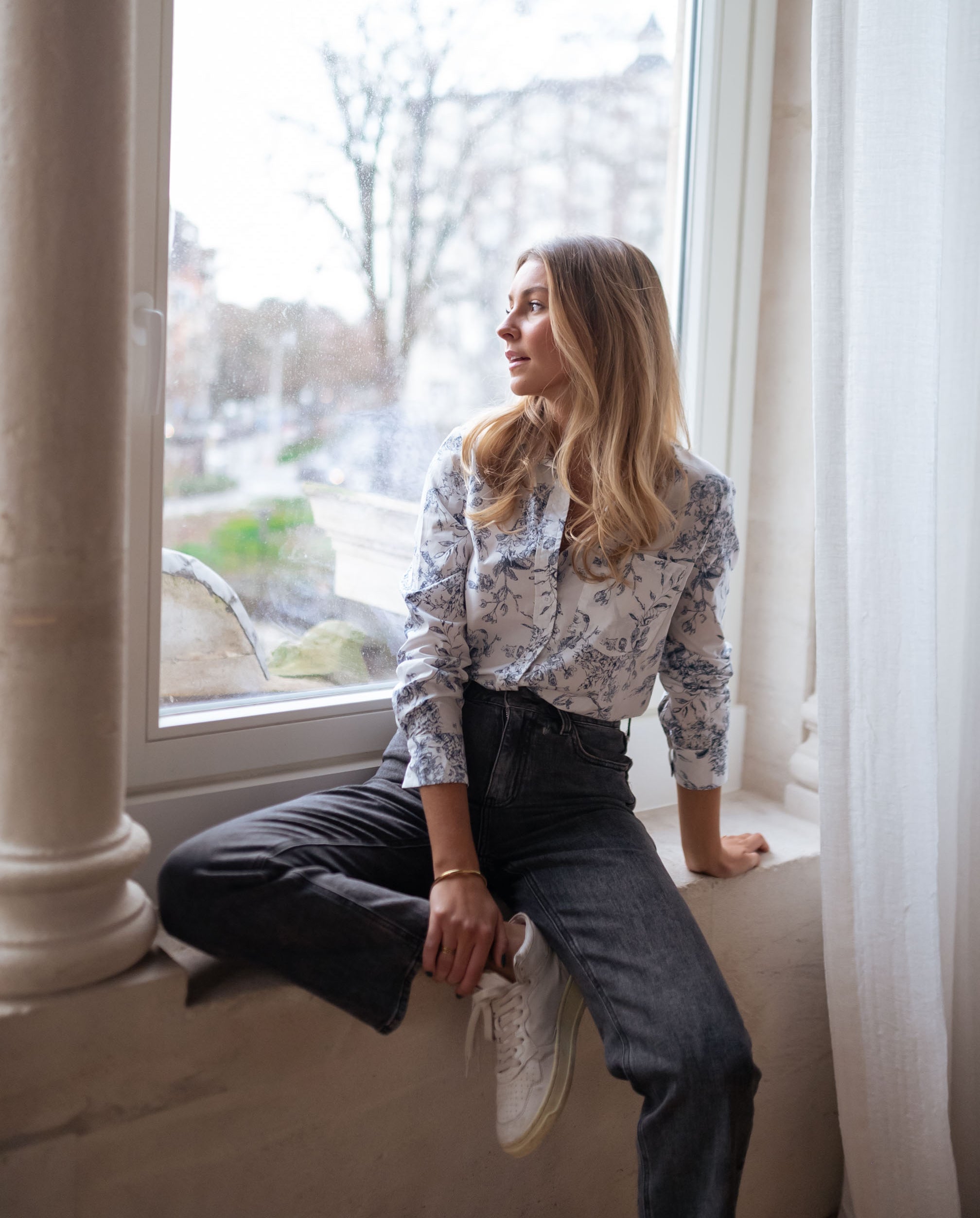 White Aglae Shirt With Blue Patterns