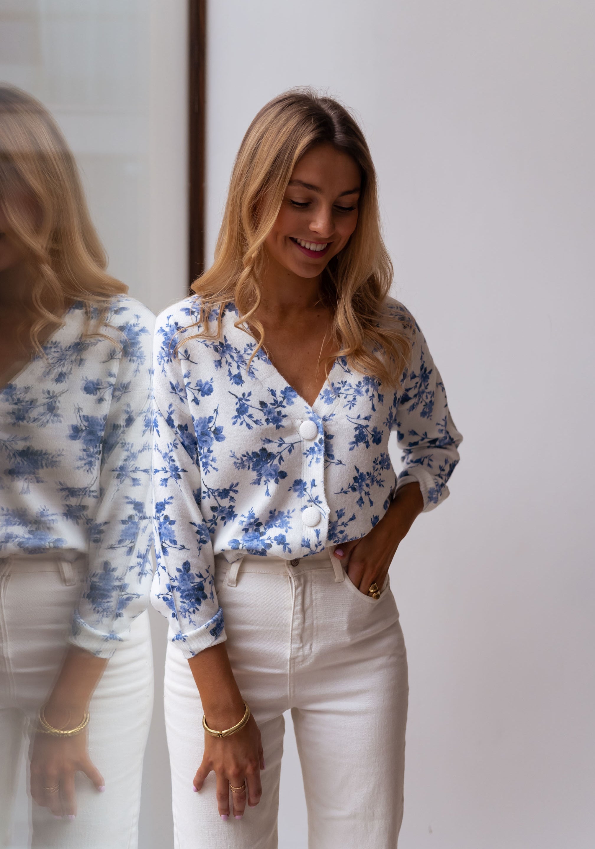 Ecru June Cardigan with Blue Flowers