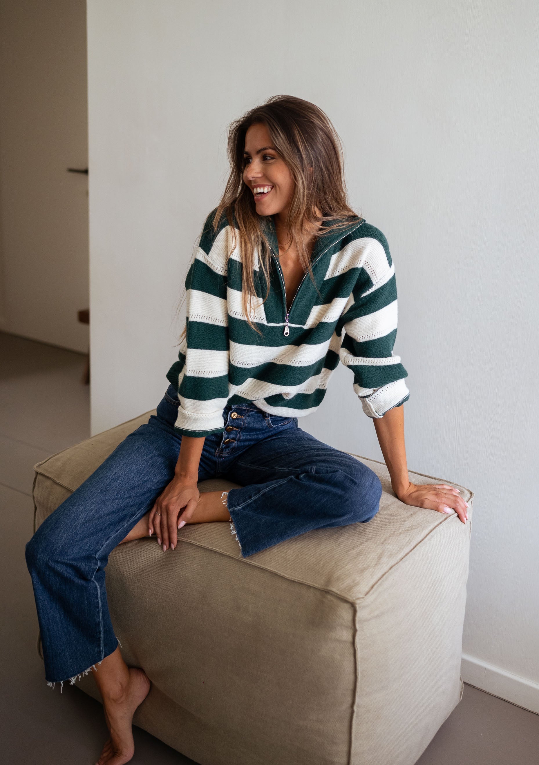 Green and Ecru Striped Laura Sweater